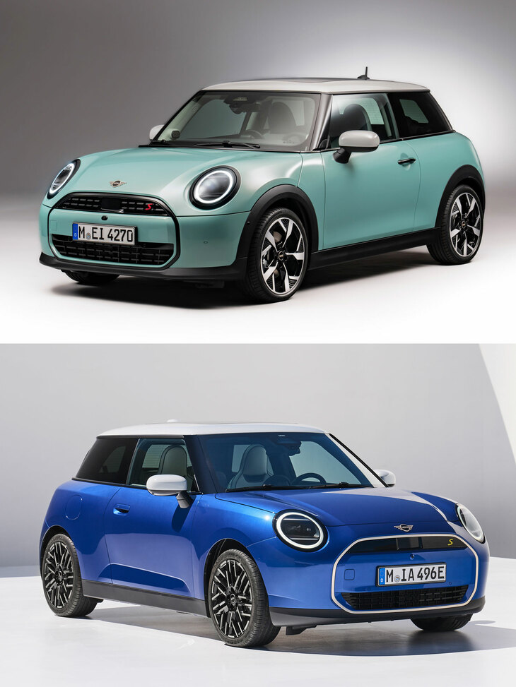 上がICEの「MINIクーパー」で、下がBEVの「MINIクーパー」。ボンネットフードの切り欠きに注目。また報道資料にいわく、ICEでは歴代モデルの特徴だったホイールアーチモールなどを、“あえて”残したという。
