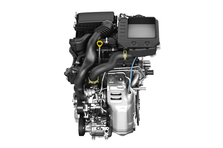 新開発となる1リッター直列3気筒ターボエンジン。98psと14.3kgmを発生する。