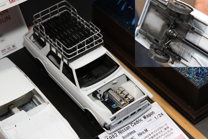 やはり「日産テクノ」のメンバーが製作中の1/24「日産セドリック ワゴン」。アオシマからリリースされている「430セドリック セダン」をベースに、1982年サファリラリーのサービスカーだったワゴンを作ろうというわけだ。リアサスペンションをセダンの5リンク／コイルからリーフ・リジッドに改めているが、会社の同僚から「（実寸にしたら）こんな分厚いリーフスプリングはない」という厳しい突っ込みを受けたとか。