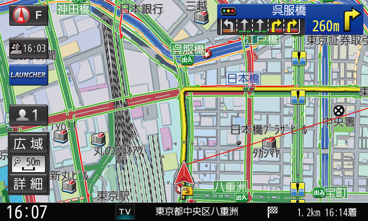 VICS WIDEはきめ細かい渋滞情報を提供。それを元に空いたルートを提示してくれるのがパナソニック独自の「スイテルート案内」。渋滞地点まで遠ければ回避した新ルートを提案するが、直近であっても最後まで渋滞にはまらないよう注意を促してくれる。