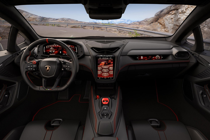 パイロット感を際立たせたという「テメラリオ」の内装。ユニークなエンジンスタートボタンやシフトセレクター、レーシングカーをイメージしたというステアリングホイール、助手席用のインフォメーションディスプレイなどが目を引く。