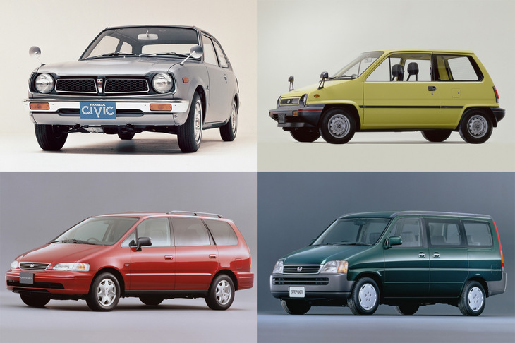 渕野氏が挙げた歴代ホンダの名車。上段左が初代「シビック」で、同右が初代「シティ」。下段左が初代「オデッセイ」、同右が初代「ステップワゴン」。　
	ほった「いずれ、初代『フィット』や『N-BOX』もここに列せられていくんでしょうなぁ」