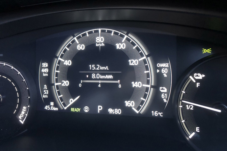 メーターパネルの中央に「8C」型と呼ばれる1ローターエンジンの燃費と、バッテリー駆動による電費を表示する。