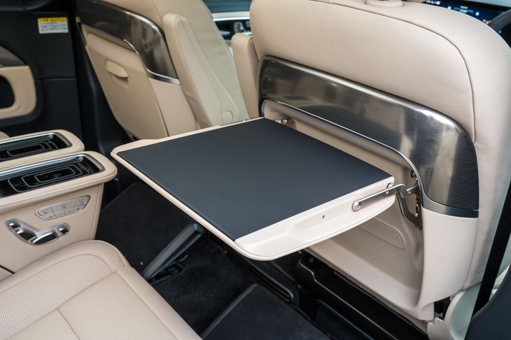 ピクニックテーブルは国産ミニバンのそれとは一線を画す存在感。2本の金属製ステーで固定されている。