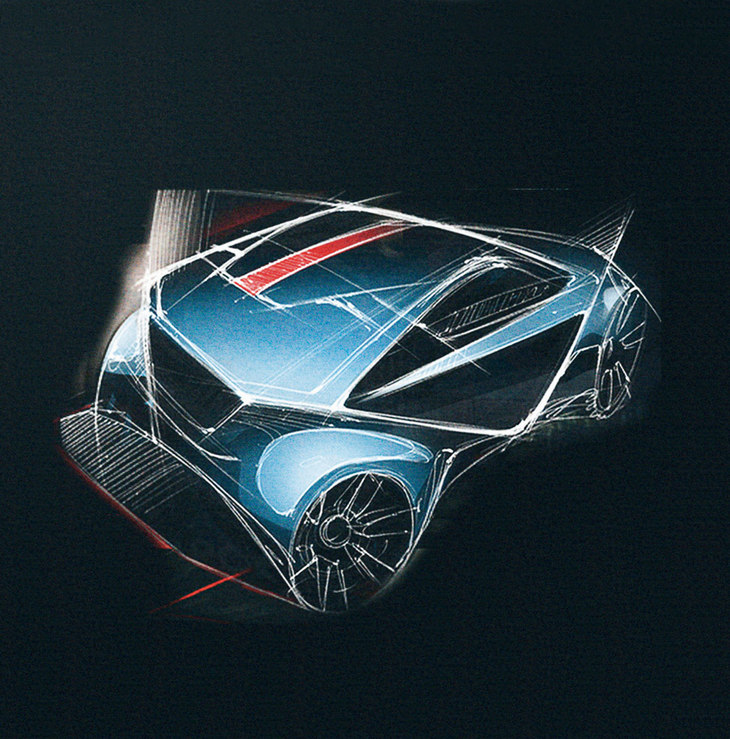 「トヨタC-HR」のデザインスケッチ。知らない人に見せたら、「え？　これクルマのスケッチ？」「どの角度から描いたものなの？」なんて言われそうな、非常に前衛的なスケッチとなっている。