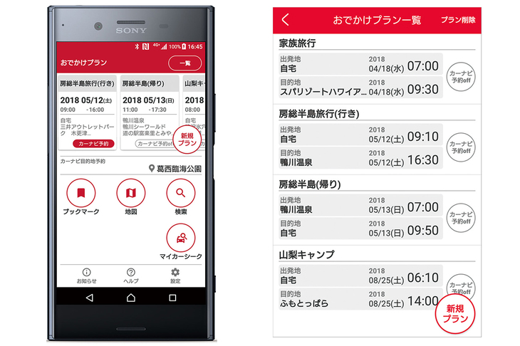 （写真左）MapFanAssistのホーム画面。「おでかけプラン」の作成は地図から直接、施設の検索などから目的地などを設定し、ドライブプランを組む。
	（写真右）
	作成したプランは簡単に保存が可能。プランの実行が決まったらナビに転送する。転送する前にスマホ上でどういうルートになるかを確認することもできる。