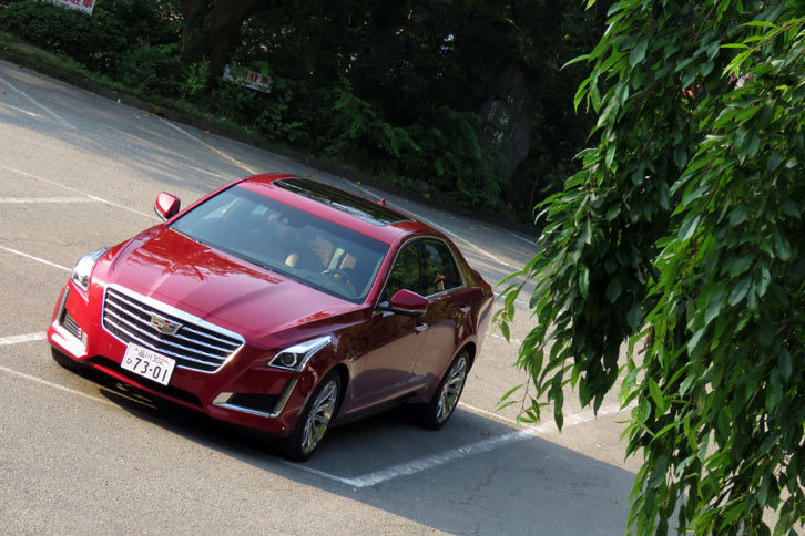 玉泉寺の駐車場にて。ボディーカラーの「レッドオブセッションティントコート」が濃緑に映える。