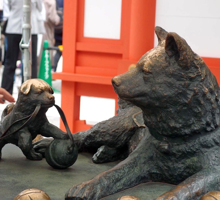 安産祈願の神社・水天宮にもお参りしました。境内の「子宝いぬ」は、みんなになでられ、てっかてか。