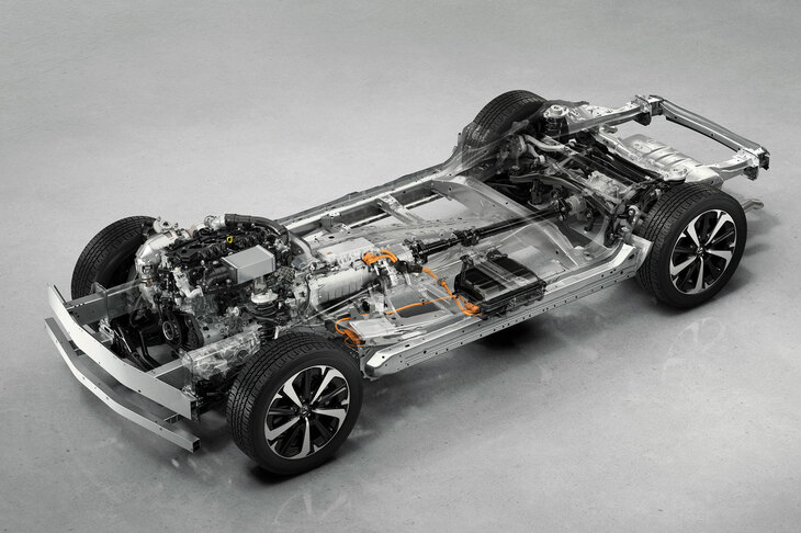 「CX-60」に用いられるラージプラットフォーム。今どき珍しい、FRをベースとしたエンジン縦置きの構造となっており、新開発の直6エンジンともども注目を集めている。