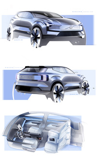 「EX30」のデザインスケッチ。既出の「EX90」、ひいてはコンセプトカー「ボルボ・コンセプト リチャージ」のデザインテーマを強く受け継いでいる。