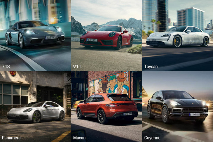 歴史的スポーツカー「911」をイメージリーダーに、MRモデルの「718ボクスター／ケイマン」やSUV「マカン」「カイエン」、電気自動車「タイカン」など、さまざまな車種を用意するポルシェ。グレードの違いまでカウントすると、現在国内で展開しているラインナップは80種類ほどになる。