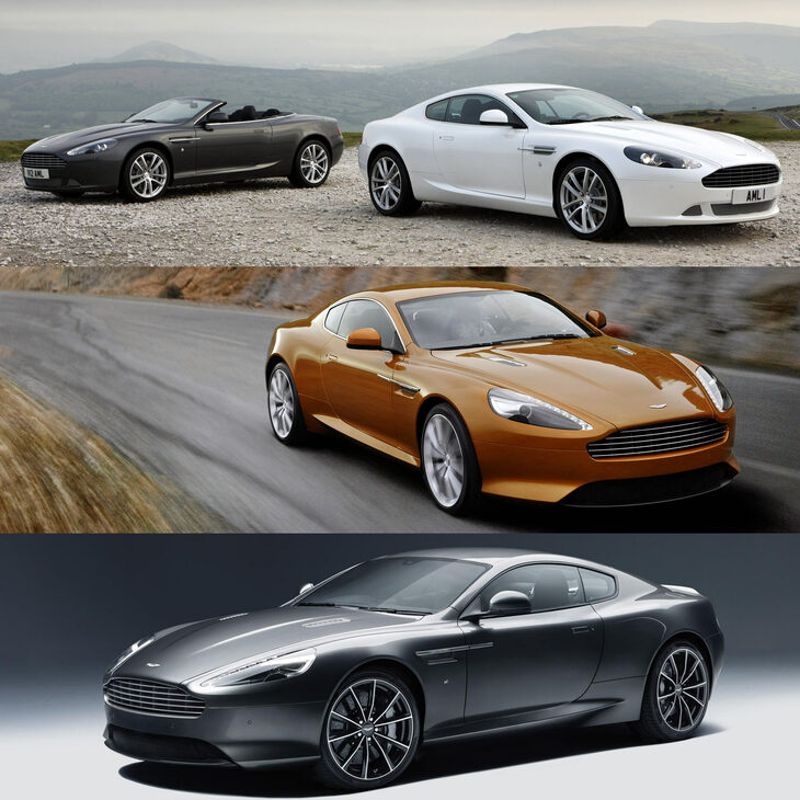 「車種の区別がつきづらい」「どこが変わったかわからない」というのは、アストンマーティンの昔からの伝統（？）である。写真は上から「DB9」（2004年）、「ヴィラージュ」（2011年）、「DB9 GT」（2016年）。同時期の「DBS」や「ヴァンキッシュ／ヴァンキッシュS」も、結構似たナリをしている。