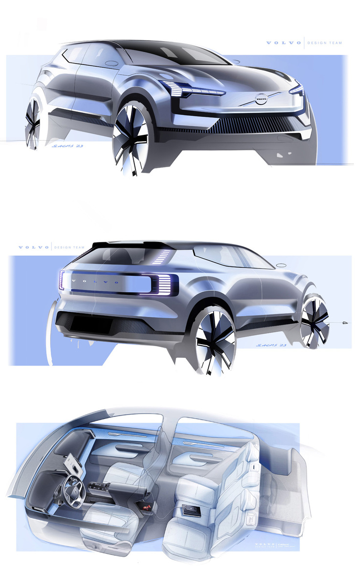 「EX30」のデザインスケッチ。既出の「EX90」、ひいてはコンセプトカー「ボルボ・コンセプト リチャージ」のデザインテーマを強く受け継いでいる。