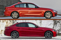 上が先代「BMW 3シリーズ」（2012-2019年）、下が現行型「アルファ・ロメオ・ジュリア」（2016年-）。　
	ほった「これは似てますよね」　
	清水「言い逃れできないよね」