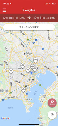 「Honda EveryGo」アプリの操作画面。「ホンダe」が配備されているステーションは、写真の首都圏の7つのほかは大阪府に2つと福岡県に1つあるだけ。