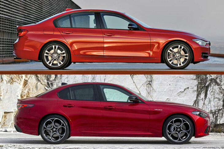 上が先代「BMW 3シリーズ」（2012-2019年）、下が現行型「アルファ・ロメオ・ジュリア」（2016年-）。　
	ほった「これは似てますよね」　
	清水「言い逃れできないよね」