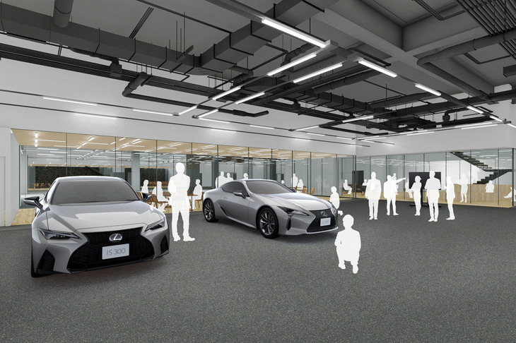 レクサスの新事業拠点には、レクサス棟とメッセ棟と呼ばれる2つの施設を建設。レクサス棟の一階は、独ニュルブルクリンクのピットのような開発スペースとして活用されるという。（写真は施設のイメージ）