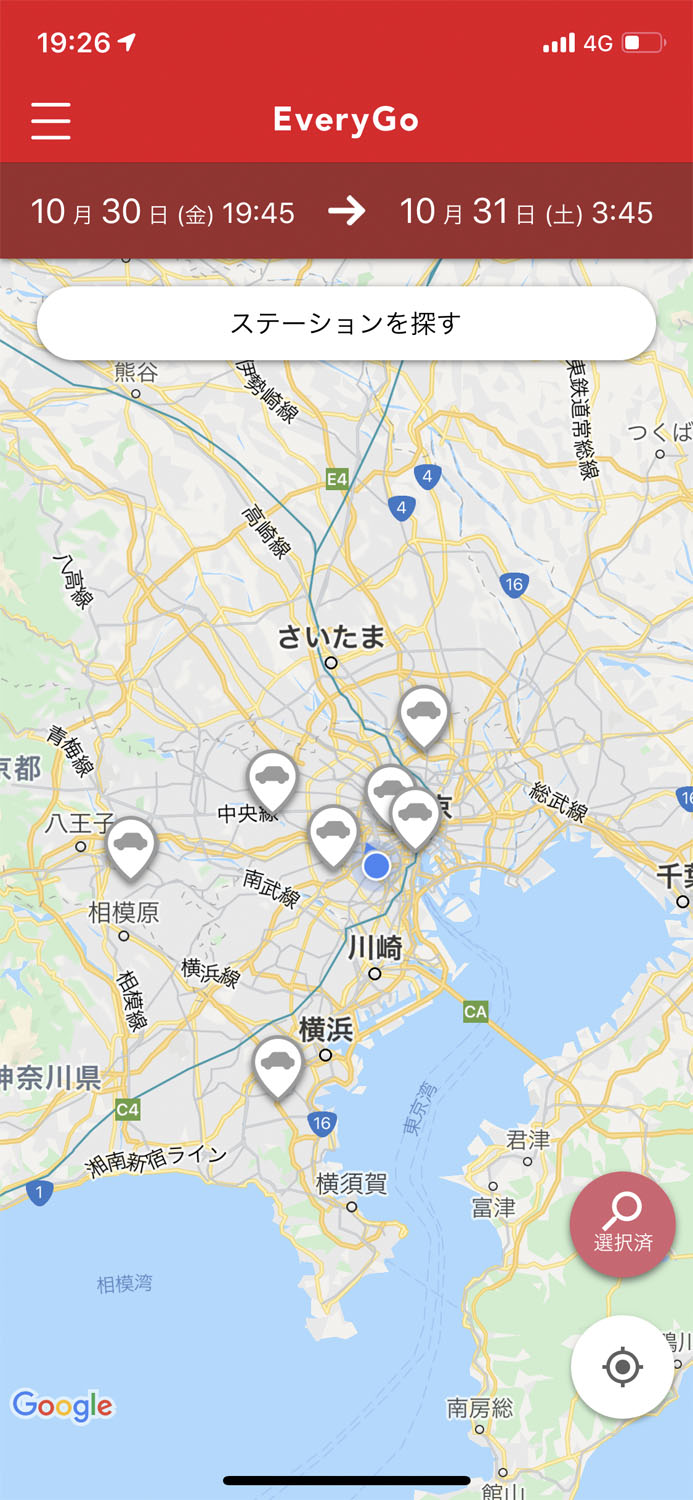 「Honda EveryGo」アプリの操作画面。「ホンダe」が配備されているステーションは、写真の首都圏の7つのほかは大阪府に2つと福岡県に1つあるだけ。