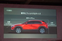 都市型のクロスオーバー「CX-30」。ルーフの高さは多くの立体駐車場に対応できる1540mmに抑えられている。