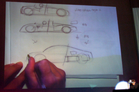 エンジン搭載位置について、レーシングカーとの共通性を説明する、エクステリアデザインを担当したフランク・ランベルティ氏のスケッチ。