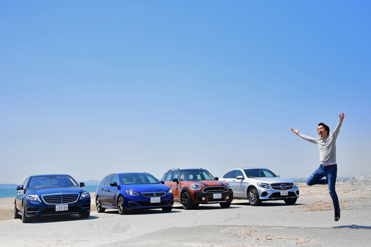 最新ディーゼル車4台をイッキ乗り！ 左から「メルセデス・ベンツSクラス」「プジョー308SW」「MINIクロスオーバー」「メルセデス・ベンツGLCクーペ」。