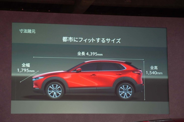都市型のクロスオーバー「CX-30」。ルーフの高さは多くの立体駐車場に対応できる1540mmに抑えられている。