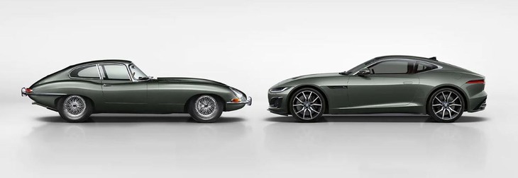 今回の限定車「Fタイプ ヘリテージ60エディション」（写真右）は、「Eタイプ」（同左）にも採用された「シャーウッドグリーン」のボディーカラーをまとう。