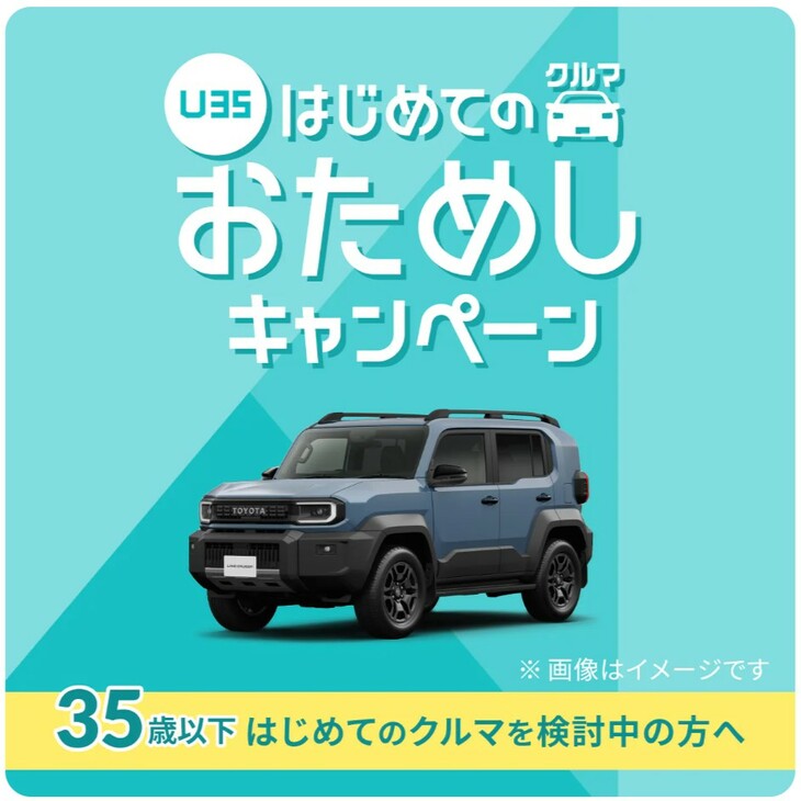 ランドクルーザー“FJ”の取り扱い再開に合わせ、KINTOでは「【U35】はじめてのクルマおためしキャンペーン」を期間限定で開催。これは、初めてKINTOを利用する35歳以下のユーザーを対象とするもので、利用開始6カ月目・12カ月目に限り中途解約金が不要となるほか、「ガソリン代5万円分のENEOSプリカが付与される。
