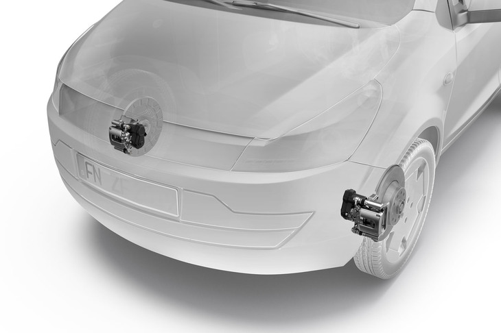 ZFが市場投入すると発表した前輪用電動パーキングブレーキ。