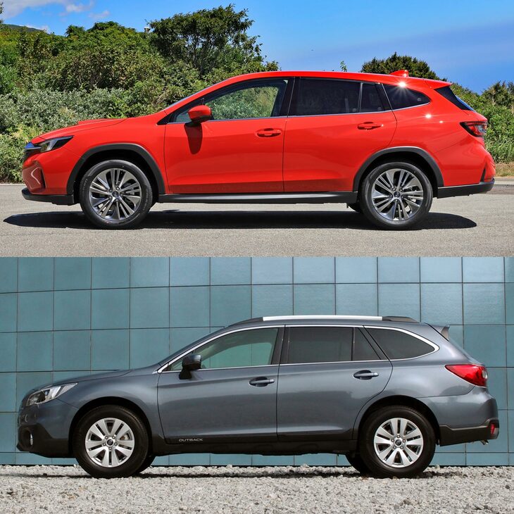 「レヴォーグ レイバック」（上）と5代目「レガシィ アウトバック」（下）。ボディー下端の処理に注目。アウトバックでは、より広い（厚い？）箇所を黒の樹脂パーツでおおい、フロア高を高く見せている。（写真＜上＞：荒川正幸）