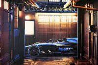 「Mobil 1は走り続ける。この国を。この道を。」のフレーズとともに展示された、フォーミュラカーを和風建築の間に配したポスター。ガソリンスタンドの統廃合が進んでも、Mobil 1は日本から撤退しないという思いを込めたものである。