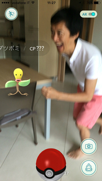 『ポケモンGO』を試す筆者。まずは家庭内でモンスターを追う。写真は、プレイ中のスマートフォンの画面。