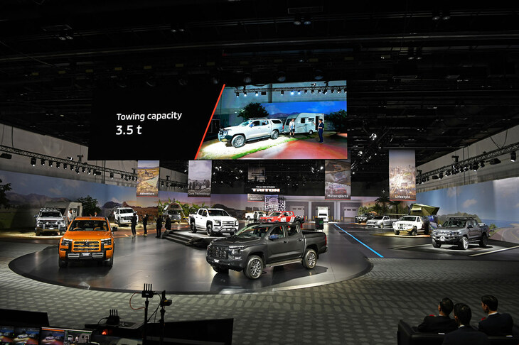 会場にはさまざまな仕様の「トライトン」が展示され、このクルマのタフネスや積載性、けん引能力を生かした用途が紹介されていた。