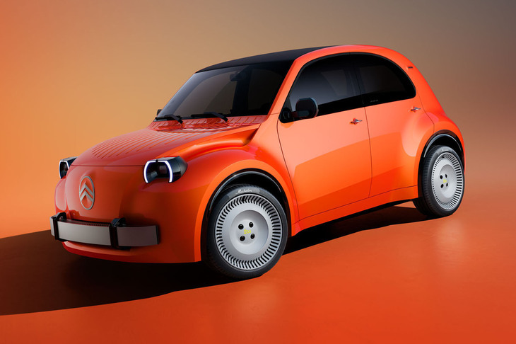 「2CVコンセプト」は、往年の名車「2CV」を特徴づけてきた価値観（手ごろな価格、軽さ、実用性、汎用性、独特の個性）を体現したというEV。2028年までに市販することが想定されている。