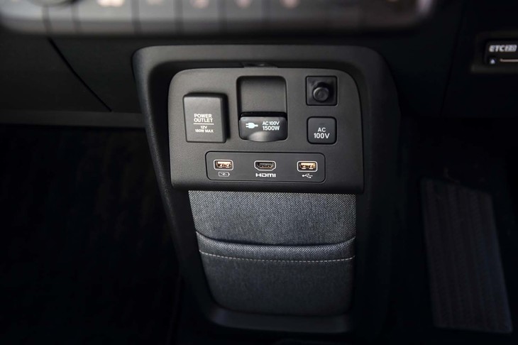 ダッシュボードの下方にはUSBなどのソケットが並ぶ。リビングのような空間を目指したというだけあってHDMI端子も付いている。