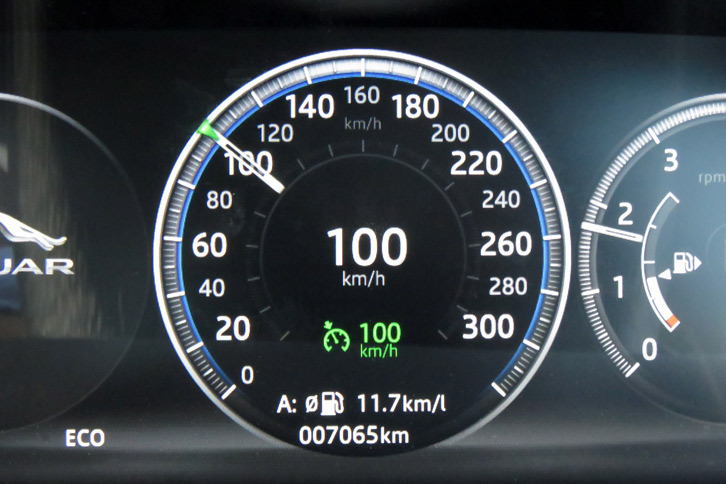 前走車追従機能付きクルーズコントロールの作動表示。色使いなど、シンプルですが分かりやすいデザインだと感じています。