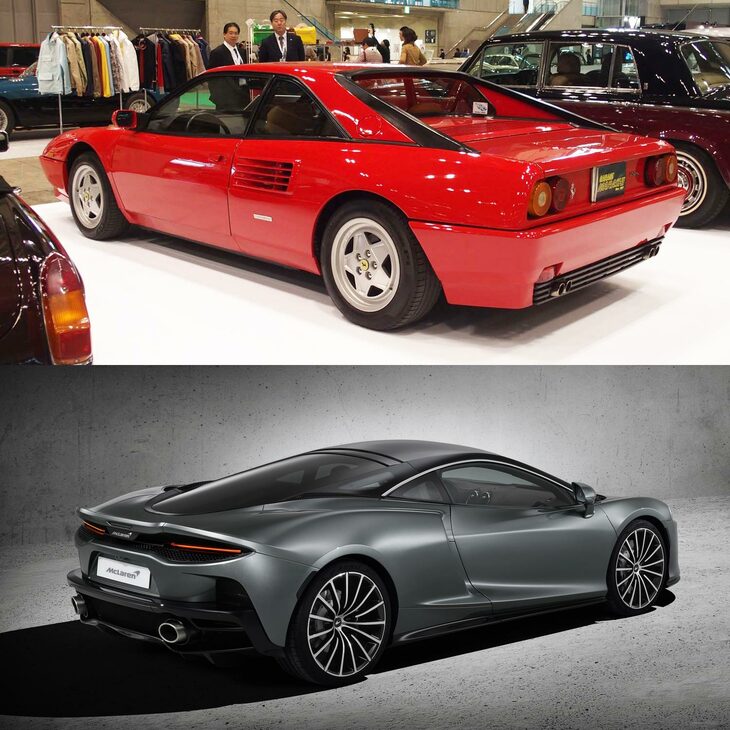 2＋2のミドシップスポーツカーだった「フェラーリ・モンディアルt」（上）と、荷室の積載性など、日常性にも考慮した「マクラーレンGT」（下）。
