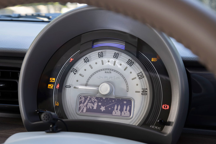 単眼式メーターの意匠や機能はベース車と共通。下部に備わるモノクロのインフォメーションディスプレイには、車名の由来にもなっているウサギ（ラパンはフランス語でウサギの意）のアニメーションが流れる。