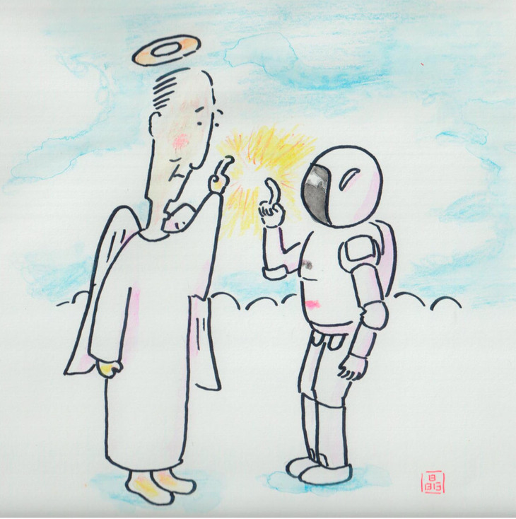 天界で「ASIMO」との接近を試みる小林氏（の想像図）。