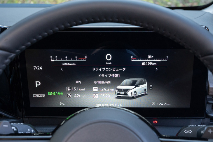 「ハイウェイスターV」では、メーターパネルは7インチカラーディスプレイが標準。オプションで写真の12.3インチカラーディスプレイが用意される。