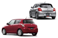 3代目（左下）と4代目（右上）の「スイフト」のリアクオータービュー。これまでのスイフトは、タイヤを裾にした台形型のシルエットとなるよう、スタイリングが吟味されていた。