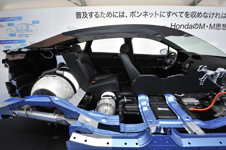 ボディーのカットモデルを右側面から見る。駆動用のリチウムイオンバッテリーが前席の下にあり、水素タンクは後席下（小さい24リッタータンク）と後席後ろ（大きな117リッタータンク）に計2個配置されているのがわかる。