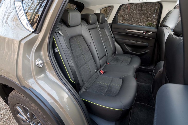 前席と同様、後席の背もたれや座面には、SUVらしいタフさを表現すべく六角形のエンボス加工が施されている。左右席にはシートヒーターが備わる。