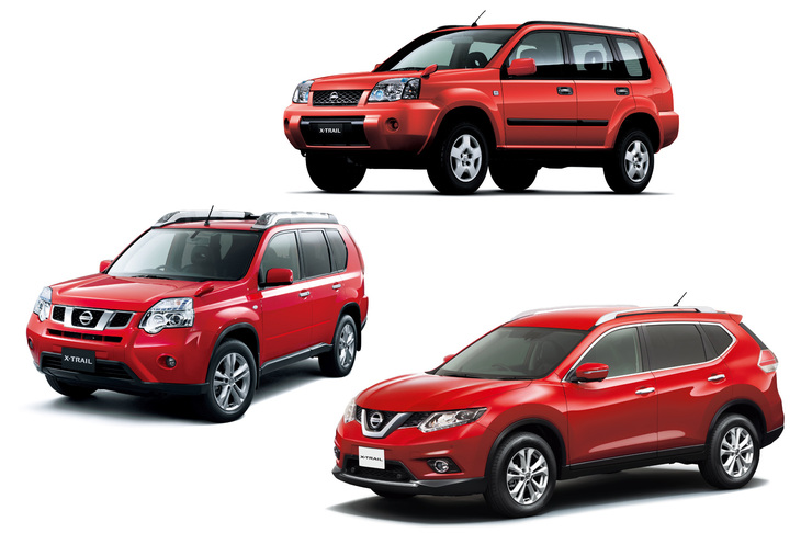 初代「エクストレイル」（写真上）は、若者向けの手ごろなSUVとして2000年に登場。2007年に登場した2代目（同左）はキープコンセプトで、2013年デビューの3代目で大幅にイメージを刷新。また同世代で初めてハイブリッドモデルが設定された。