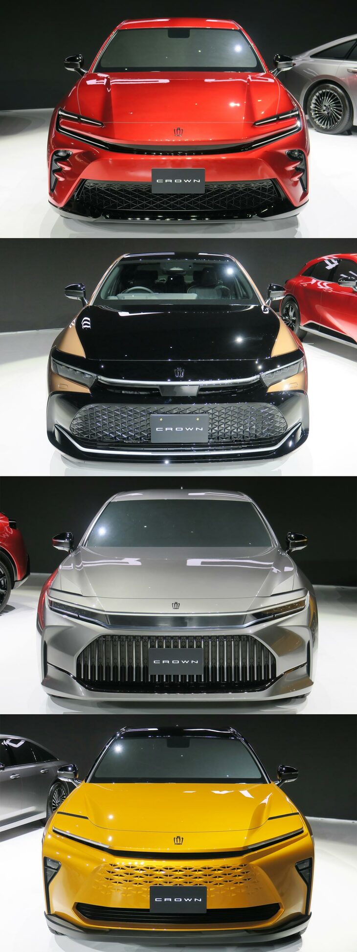 2022年7月の新型「クラウン」ワールドプレミアで撮影した、各モデルのフロントマスク（「クロスオーバー」以外はプロトタイプ）。クルマの顔というのはそのモデル単体の要件のみでデザインできるわけではなく、同ブランドの他モデルと共通性を持たせたり、逆に差別化を図ったりと、外部の要件を織り交ぜてつくらなければならないのだ。