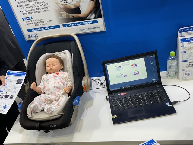 所変わってこちらはSMKブース。ミリ波レーダーを使って、幼児の車内への置き去りを防いだり、乗員の心拍数などをセンシングしたりできる。