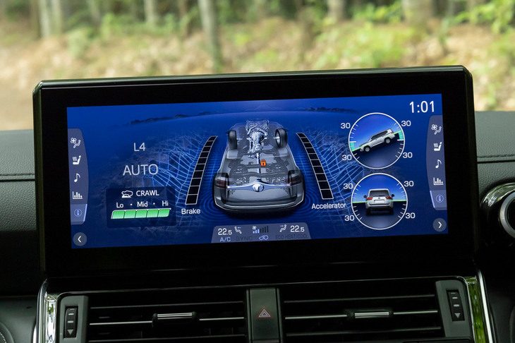 センターディスプレイの「マルチテレインセレクト」画面。選択中のドライブモードや、副変速機／デフロックの状態、車両の姿勢などが一目でわかる。