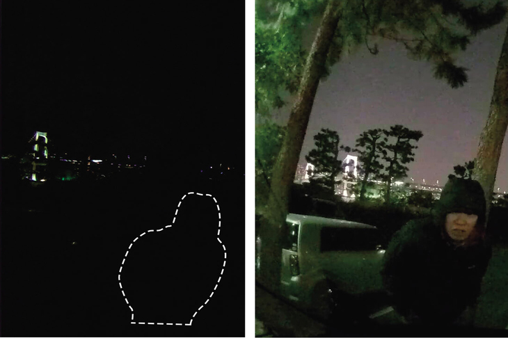 ソニー製CMOSセンサーの搭載で格段に性能アップした夜間撮影性能。かすかな光があれば通常は左のように真っ黒につぶれた映像も、右のようにはっきりと映し記録することができる。駐車監視をドライブレコーダーの重要項目に挙げる人には欠かせない性能だ。