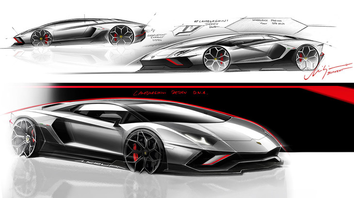 現時点では、まず開発が進むフラッグシップの後継車種に期待したい。写真は「アヴェンタドール」の最後を飾る限定車となった「アヴェンタドールLP780-4ウルティメ」のデザイン画。