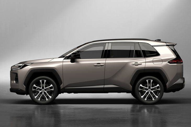 新型「RAV4」の広報画像。リアドアでキックアップするキャラクターラインにより、車体が前後に二分されている。